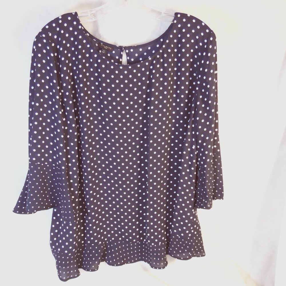 Talbots Top Womens 2X Navy Blue White Polka Dots Nautical Office